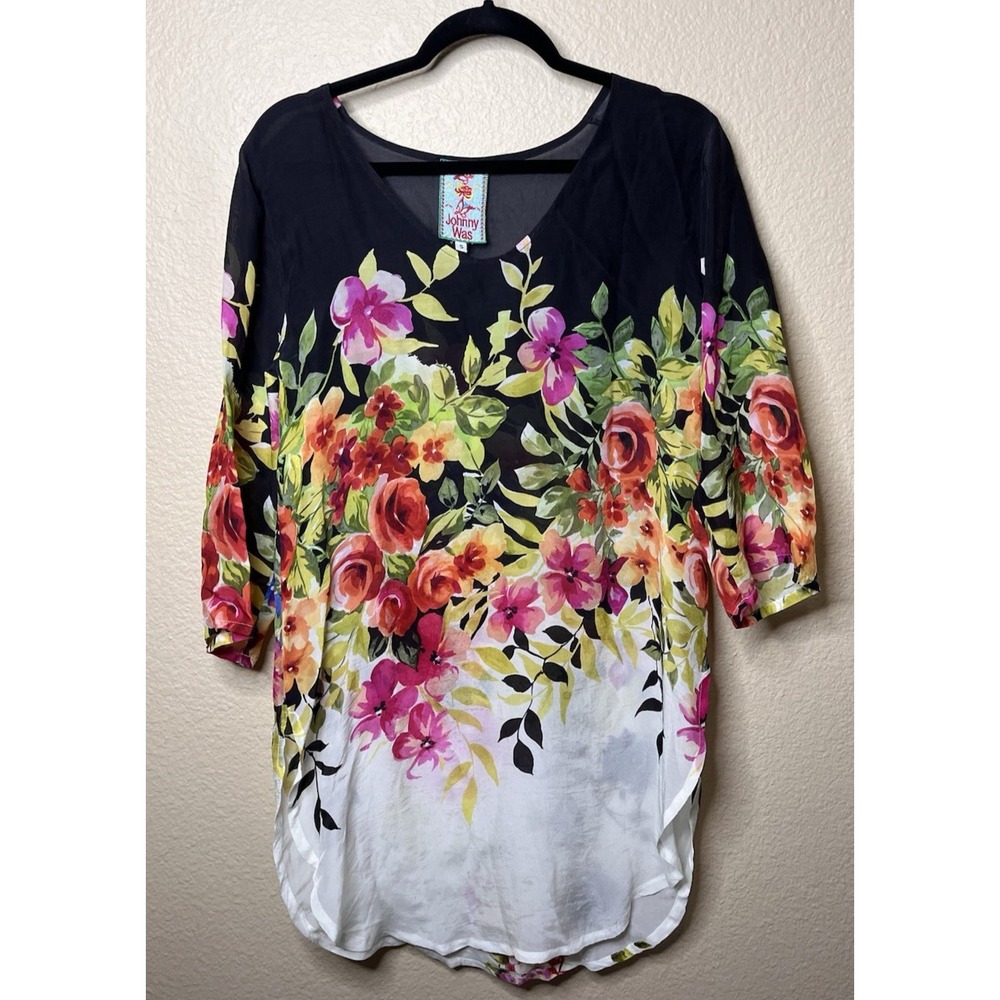 Johnny Was Floral Cupra Blouse Black White Small Coastal Resortwear BOHO Silky